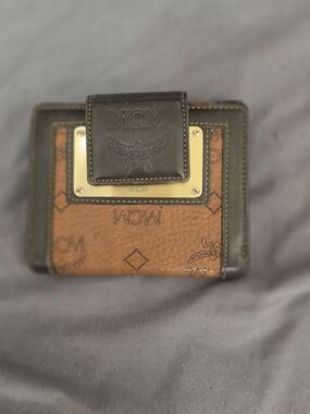 AUTHENTIC MCM Two-Tone Brown Monogram Compact Wallet with Gold Plate